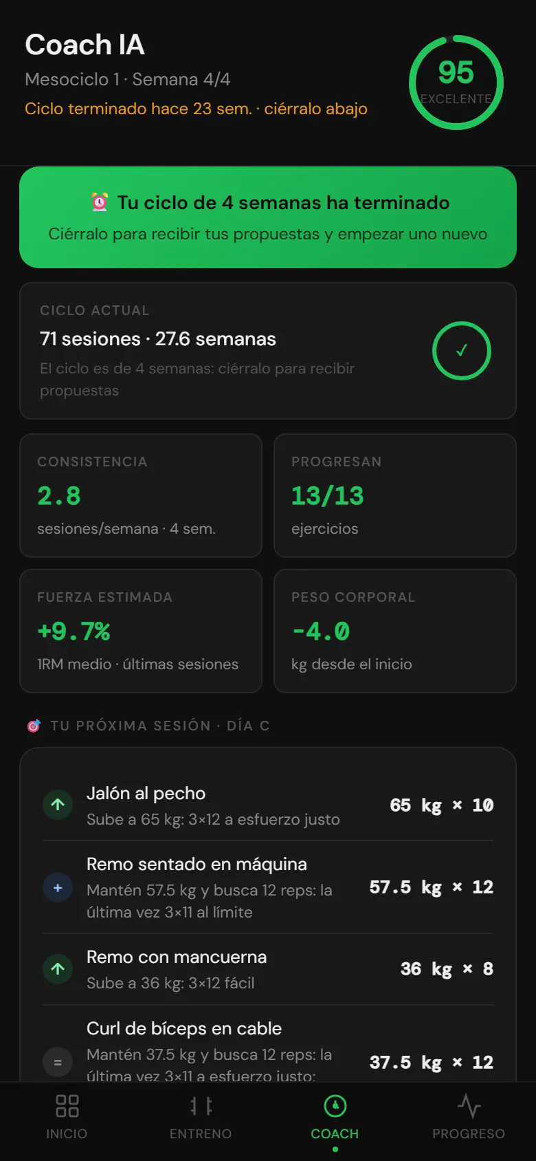 Pantalla del Coach de Gymteca con la puntuación del ciclo y los objetivos de la próxima sesión