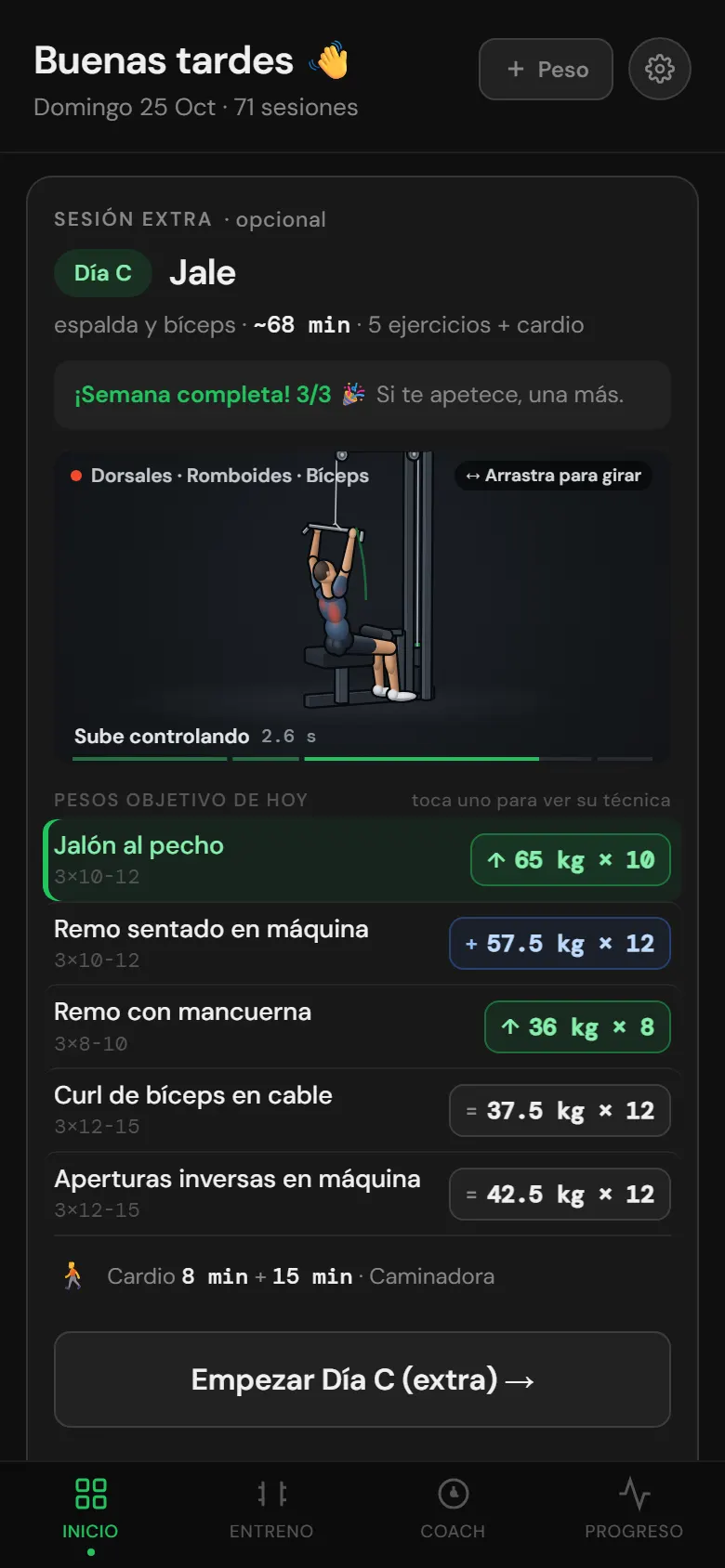 Pantalla de inicio de Gymteca con la sesión de hoy, la técnica del ejercicio en 3D y los pesos objetivo