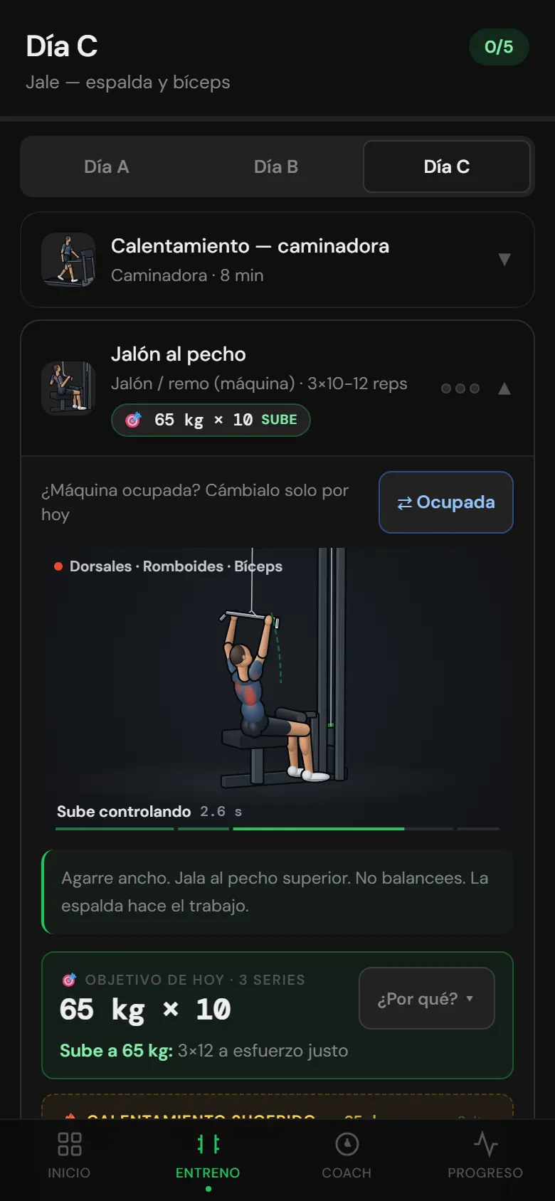 Ejercicio de jalón al pecho animado en 3D dentro de una sesión de Gymteca